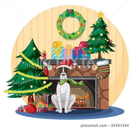 Fireplace with a dog and Christmas decorations Fireplace with a dog and Christmas decorations 84561494