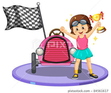 Winner girl holding trophy standing in front of race car 84561617