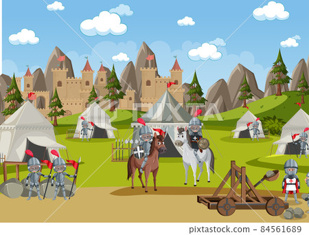 Military medieval camp with tents and weapons 84561689