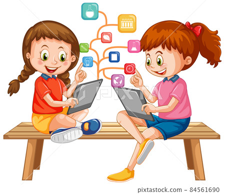 Kids using tablet with education icons 84561690