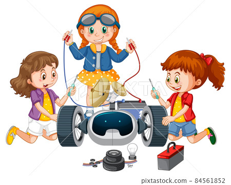 Children fixing a robot together on white background 84561852