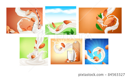Almond milk drink poster set vector Almond milk drink poster set vector 84563327