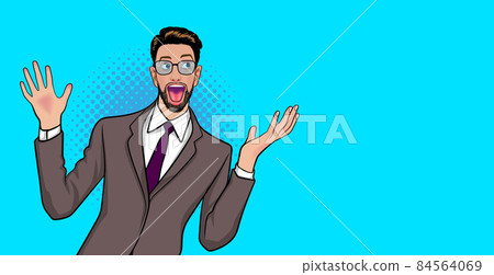smile bearded businessman raise hand look at empty space smile bearded businessman raise hand look at empty space 84564069
