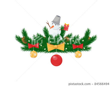Snowman with Bucket on Head on Spruce Branches Snowman with Bucket on Head on Spruce Branches 84566494