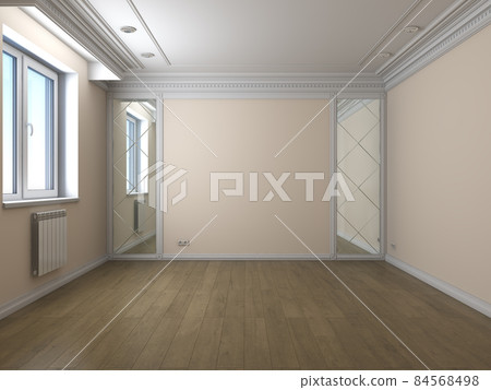 Empty Interior with Plastic Window, Beige Walls, Parquet Floor, White Molding and Two Mirrors. 3d illustration 3840x2880 Empty Interior with Plastic Window, Beige Walls, Parquet Floor, White Molding and Two Mirrors. 3d illustration 3840x2880 84568498