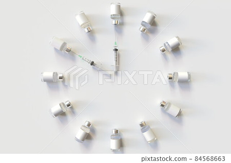 Clock face made with vaccine vials and syringes. Vaccination time concept. Medical 3D rendering Clock face made with vaccine vials and syringes. Vaccination time concept. Medical 3D rendering 84568663