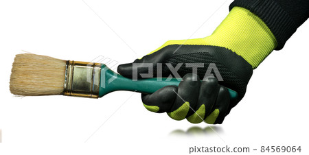 Hand with Work Gloves Holding a Paintbrush Isolated on White Background Hand with Work Gloves Holding a Paintbrush Isolated on White Background 84569064