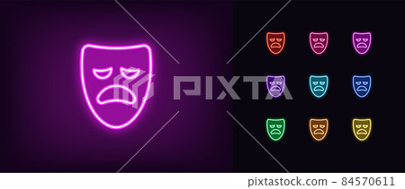 Neon tragedy mask, outline icon. Glowing neon drama mask, sad face pictogram in vivid colors Neon tragedy mask, outline icon. Glowing neon drama mask, sad face pictogram in vivid colors 84570611