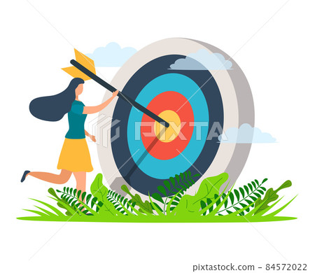 A man with an arrow is running towards his goal along a winding road, motivation is advancing, the path to achieving the goal is high, through clouds or stairs, steps of achievement, steps 84572022