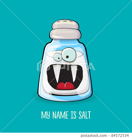 Cute cartoon salt shaker with smiling faces isolated on turquoise background. Funky Kawaii salt character. My name is salt concept illustration for printing on tee 84572534