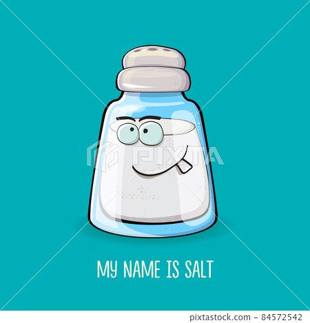 Cute cartoon salt shaker with smiling faces isolated on turquoise background. Funky Kawaii salt character. My name is salt concept illustration for printing on tee 84572542