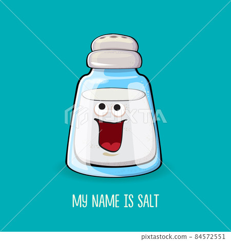 Cute cartoon salt shaker with smiling faces isolated on turquoise background. Funky Kawaii salt character. My name is salt concept illustration for printing on tee 84572551