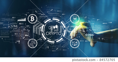 Crypto Trading theme with hand pressing a technology screen 84572705