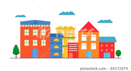 Landscape of Small trendy modern houses facade with window, garage, balcony and roof. Exterior of building apartment with trees. Vector cityscape illustration simple background Landscape of Small trendy modern houses facade with window, garage, balcony and roof. Exterior of building apartment with trees. Vector cityscape illustration simple background 84572874