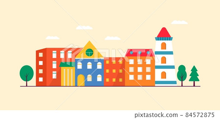 Landscape of Small trendy modern houses facade with window, garage, balcony and roof. Exterior of building apartment with trees. Vector cityscape illustration simple background Landscape of Small trendy modern houses facade with window, garage, balcony and roof. Exterior of building apartment with trees. Vector cityscape illustration simple background 84572875