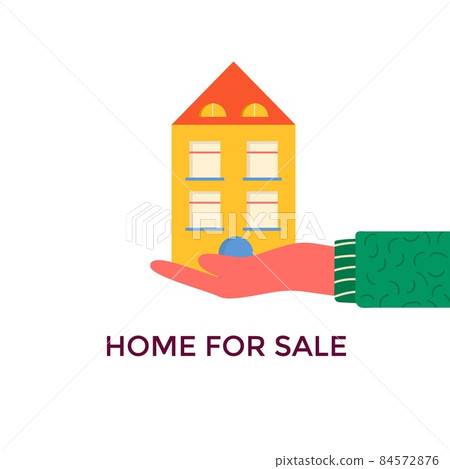 Banner for sales, advertising house, cottage with trees. Hand holding Offer of home purchase. Rental of Real Estate. Vector flat design, urban landscape Banner for sales, advertising house, cottage with trees. Hand holding Offer of home purchase. Rental of Real Estate. Vector flat design, urban landscape 84572876