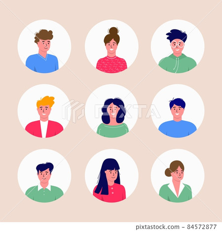 Bundle of different Men and women avatars characters. Cheerful, happy people flat vector illustration set. Round frame. Male and female portraits, group, team Adorable guys and girls pack. Bundle of different Men and women avatars characters. Cheerful, happy people flat vector illustration set. Round frame. Male and female portraits, group, team Adorable guys and girls pack. 84572877
