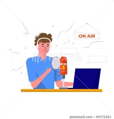 Podcaster listening and recording audio podcast, online show vector flat illustration. Smiling Men with microphone and laptop studying, listen to podcast, broadcasting. On air concept Radio DJs Podcaster listening and recording audio podcast, online show vector flat illustration. Smiling Men with microphone and laptop studying, listen to podcast, broadcasting. On air concept Radio DJs 84572881