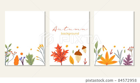 Banner template decorated with autumn trendy elements and text. falling leaves berry and mushroom. Scrapbook set for season cards . Flat natural vector illustration for advertisement, promotion. 84572958
