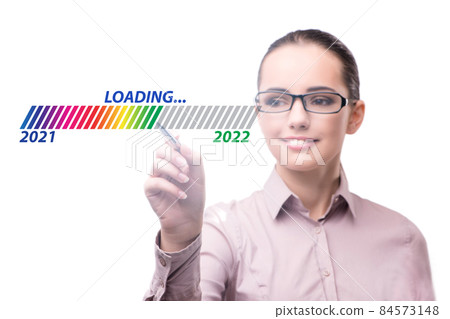 Businesswoman pressing virtual button with year 2022 Businesswoman pressing virtual button with year 2022 84573148