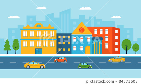 City landscape with cars and small modern houses facade with window, garage, balcony and roof. Exterior of building apartment with trees. Vector cityscape illustration. simple background City landscape with cars and small modern houses facade with window, garage, balcony and roof. Exterior of building apartment with trees. Vector cityscape illustration. simple background 84573605
