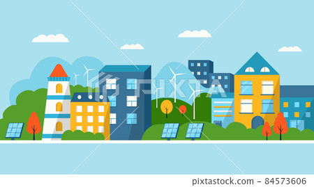 Green modern house with solar panels and wind turbine. Eco friendly alternative energy. Ecosystem city landscape. Flat vector illustration. Green modern house with solar panels and wind turbine. Eco friendly alternative energy. Ecosystem city landscape. Flat vector illustration. 84573606