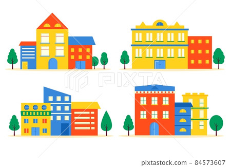Collection of Small modern houses facade with window, garage, balcony and roof. Exterior of building apartment with trees. Vector cityscape illustration. simple background in geometric style 84573607