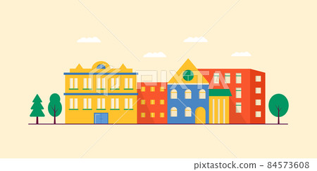 Landscape of Small modern houses facade with window, garage, balcony and roof. Exterior of building apartment with trees. Vector cityscape illustration. simple background in geometric style 84573608