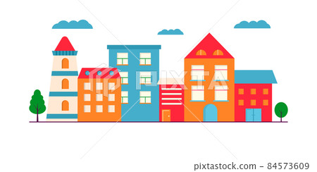 Landscape of Small modern houses facade with window, garage, balcony and roof. Exterior of building apartment with trees. Vector cityscape illustration. simple background in geometric style 84573609
