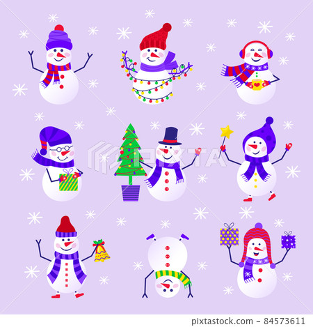 Merry Christmas cute greeting card with snowman and snowflakes for happy new year presents. Scandinavian style set for invitation, children room, nursery decor, interior design, stickers Merry Christmas cute greeting card with snowman and snowflakes for happy new year presents. Scandinavian style set for invitation, children room, nursery decor, interior design, stickers 84573611