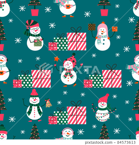 Merry Christmas cute seamlees pattern with snowman and snowflakes for happy new year presents. Scandinavian set for invitation, children room, nursery decor, interior design, textile 84573613