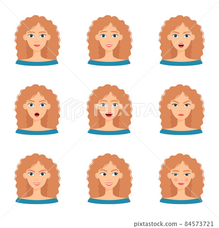 Set of emotions of beautiful blonde girl. Collection of different female emotions, vector illustration 84573721