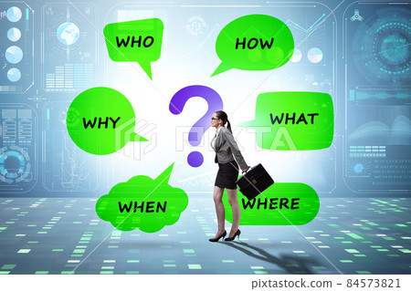 Concept of many questions with businesswoman Concept of many questions with businesswoman 84573821