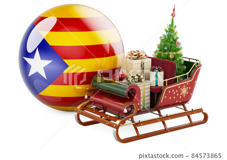 Christmas in Catalonia, concept. Christmas Santa sleigh full of gifts with Catalan flag. 3D rendering Christmas in Catalonia, concept. Christmas Santa sleigh full of gifts with Catalan flag. 3D rendering 84573865
