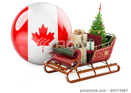 Christmas in Canada, concept. Christmas Santa sleigh full of gifts with Canadian flag. 3D rendering Christmas in Canada, concept. Christmas Santa sleigh full of gifts with Canadian flag. 3D rendering 84573867