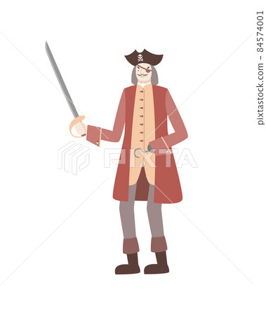 A pirate with an eye patch in a red camisole and hat. Corsair with a saber and a hook instead of a hand. Vector illustration in flat style. A pirate with an eye patch in a red camisole and hat. Corsair with a saber and a hook instead of a hand. Vector illustration in flat style. 84574001