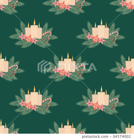 Christmas and Happy New Year seamless pattern with Christmas candle, fir branches and berries. Vector design template. Christmas and Happy New Year seamless pattern with Christmas candle, fir branches and berries. Vector design template. 84574002