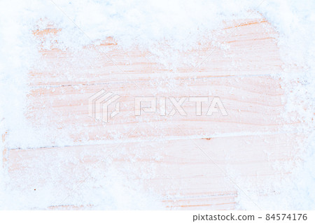 Snow wood. Winter wooden texture background. Christmas board with old rustic wall, white frozen ice. Merry Christmas holiday card pattern. 84574176