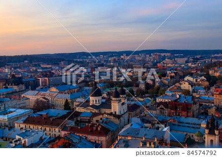 Aerial view of historic center of Lviv, Ukraine. Lvov cityscape. View from Lviv Town Hall 84574792
