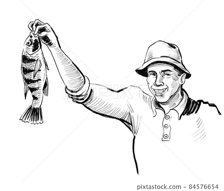 Man holding lantern. Ink black and white drawing 84576654