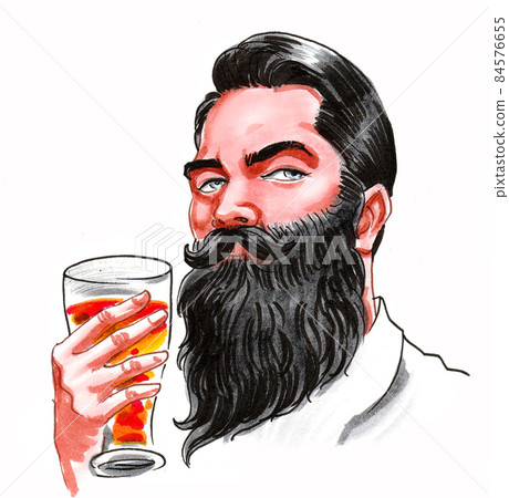 Bearded man with a glass of beer. Ink and watercolour drawing 84576655