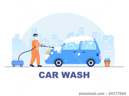 Car Wash Service Flat Design illustration. Workers Washing Automobile Using Sponges Soap and Water for Background, Poster or Banner Car Wash Service Flat Design illustration. Workers Washing Automobile Using Sponges Soap and Water for Background, Poster or Banner 84577894