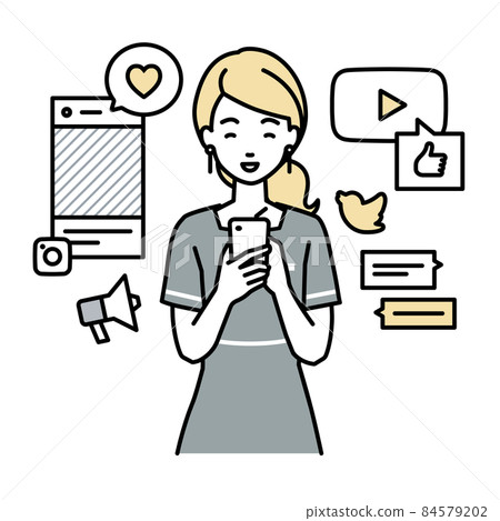 A female beauty salon clerk who stands up and interacts happily on various SNS with a smartphone A female beauty salon clerk who stands up and interacts happily on various SNS with a smartphone 84579202