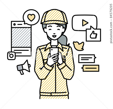 A female worker who stands up and interacts happily on various SNS with a smartphone 84579205