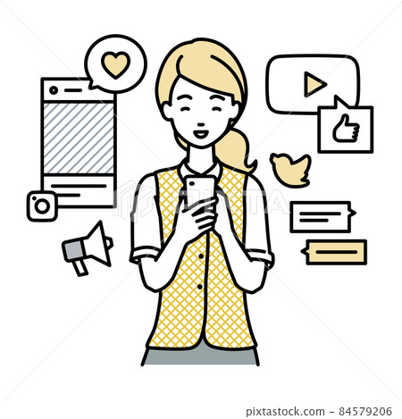 A woman in a clerk uniform who stands up and interacts happily on various SNS with a smartphone 84579206
