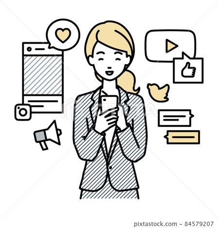 A woman in a suit who stands up and enjoys interacting with various SNS on her smartphone A woman in a suit who stands up and enjoys interacting with various SNS on her smartphone 84579207