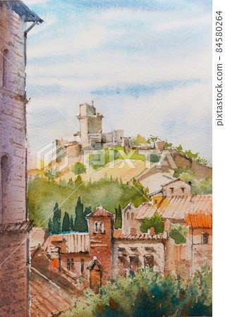 Small village in southern France watercolor landscape painting Small village in southern France watercolor landscape painting 84580264