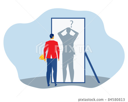 imposter syndrome, businessman looking shadow himself through mirror for Anxiety and lack of self confidence at work vector imposter syndrome, businessman looking shadow himself through mirror for Anxiety and lack of self confidence at work vector 84580813
