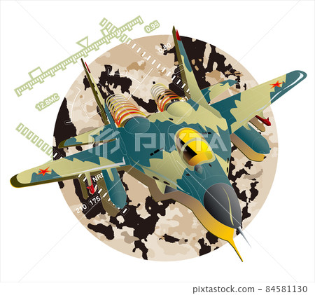 Flying illustration of Russian Air Force MIG-29. Vector illustration with circular camouflage back in middle east coloring with sighting device. 84581130