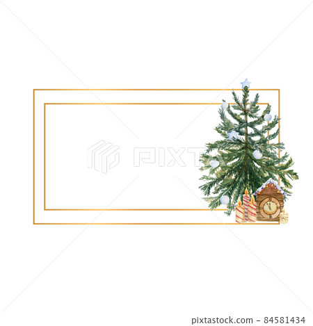 Geometric gold frame with a Christmas tree, candles, holly flowers and winter decor. Watercolor illustration Geometric gold frame with a Christmas tree, candles, holly flowers and winter decor. Watercolor illustration 84581434